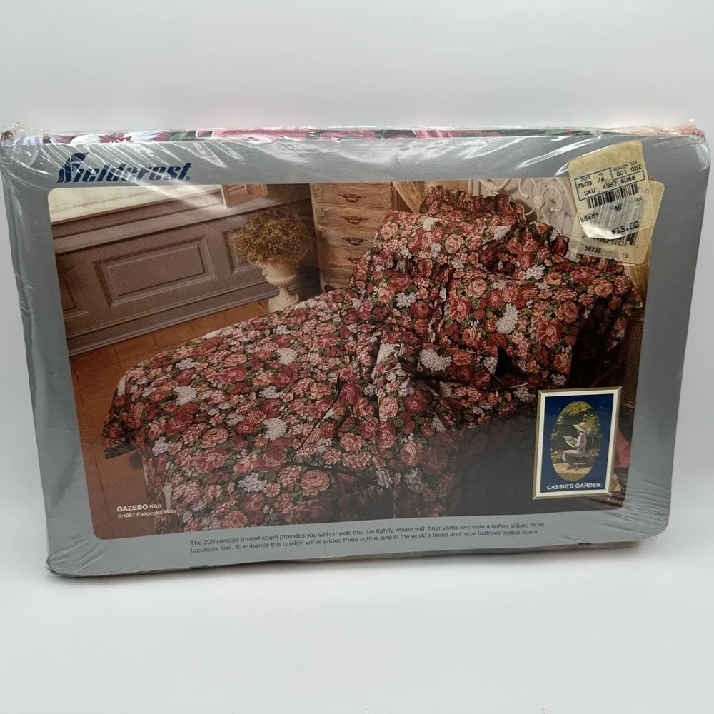 Fieldcrest Flat Sheet Twin Size Vintage 80s Floral Cottagecore Gazebo Pima Cotto